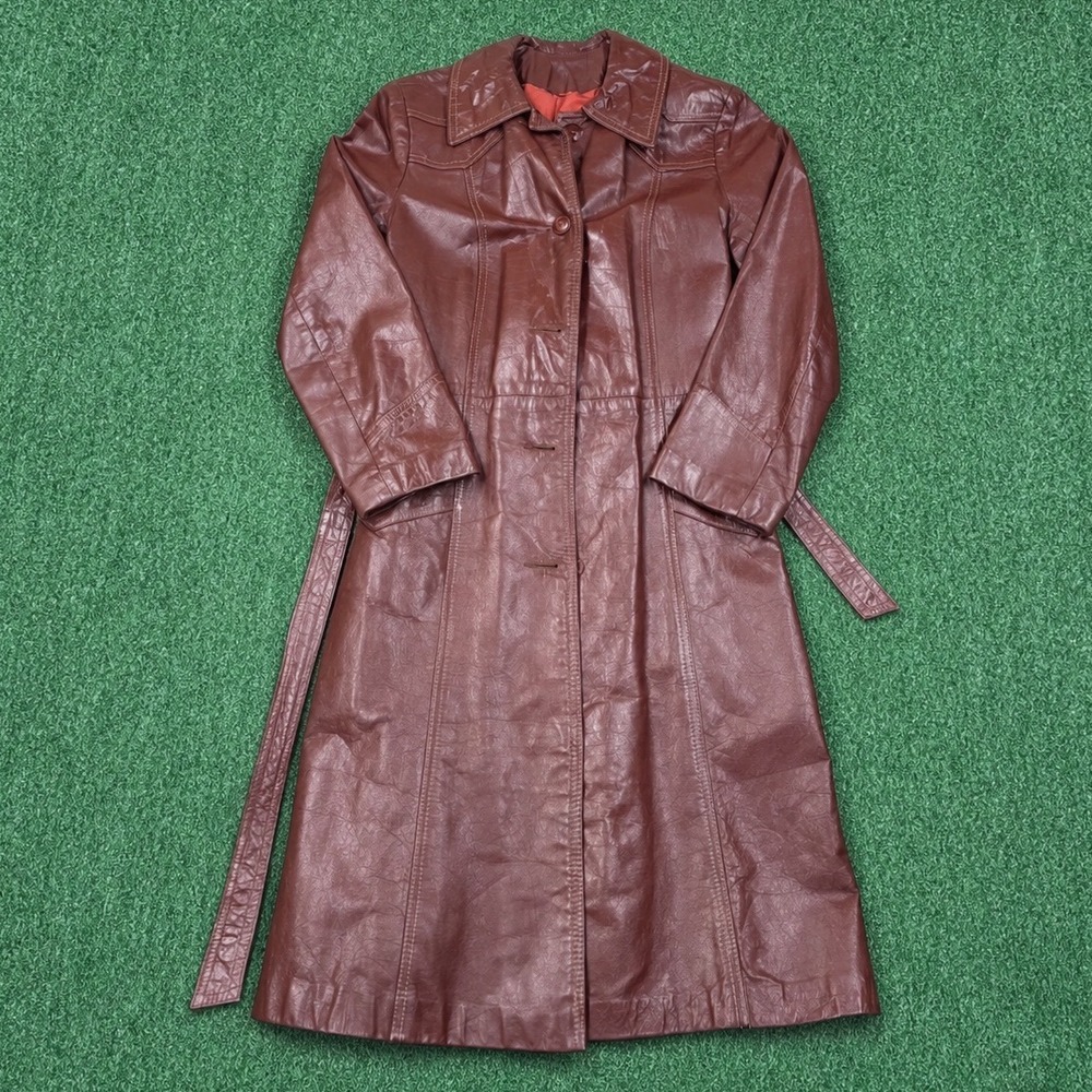 Vintage Leather‎ Trench Coat Burgundy Red Brown Belted Long Jacket